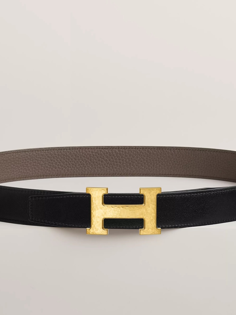 BNT HERMES Black and Gray Reversible Leather Belt with Gold H Buckle